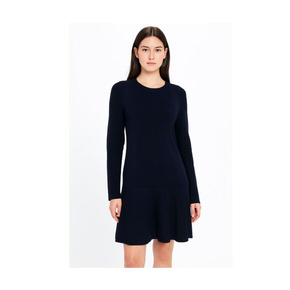 COS 100% Merino Wool Navy Blue Knit Long Sleeve Drop Waist Sweater Dress Sz S* - Picture 1 of 9